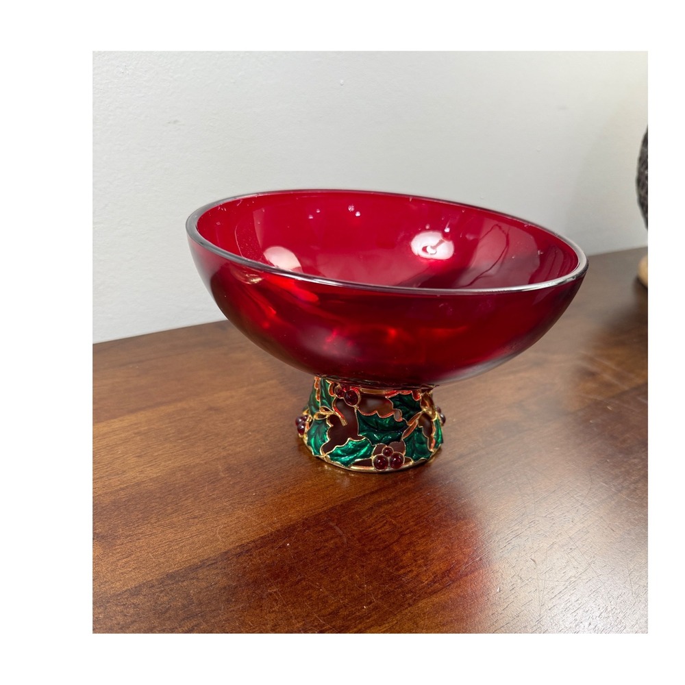 Teleflora Gifts Ruby Red Glass Bowl Christmas Holly Berry Gold Tone Metal Stand